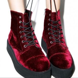 Dolls Kill Velvet Maroon Platform Boots